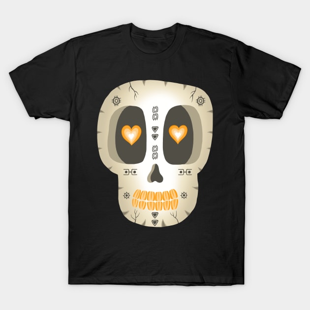 Cute Skull- Dia De Los Muertos- Beige Sugar Skull -Orange Heart eyes T-Shirt by Scriptnbones